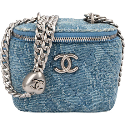 Chanel Quilted Denim Camellia Monogram Adjustable Mini Vanity Case Crossbody Bag