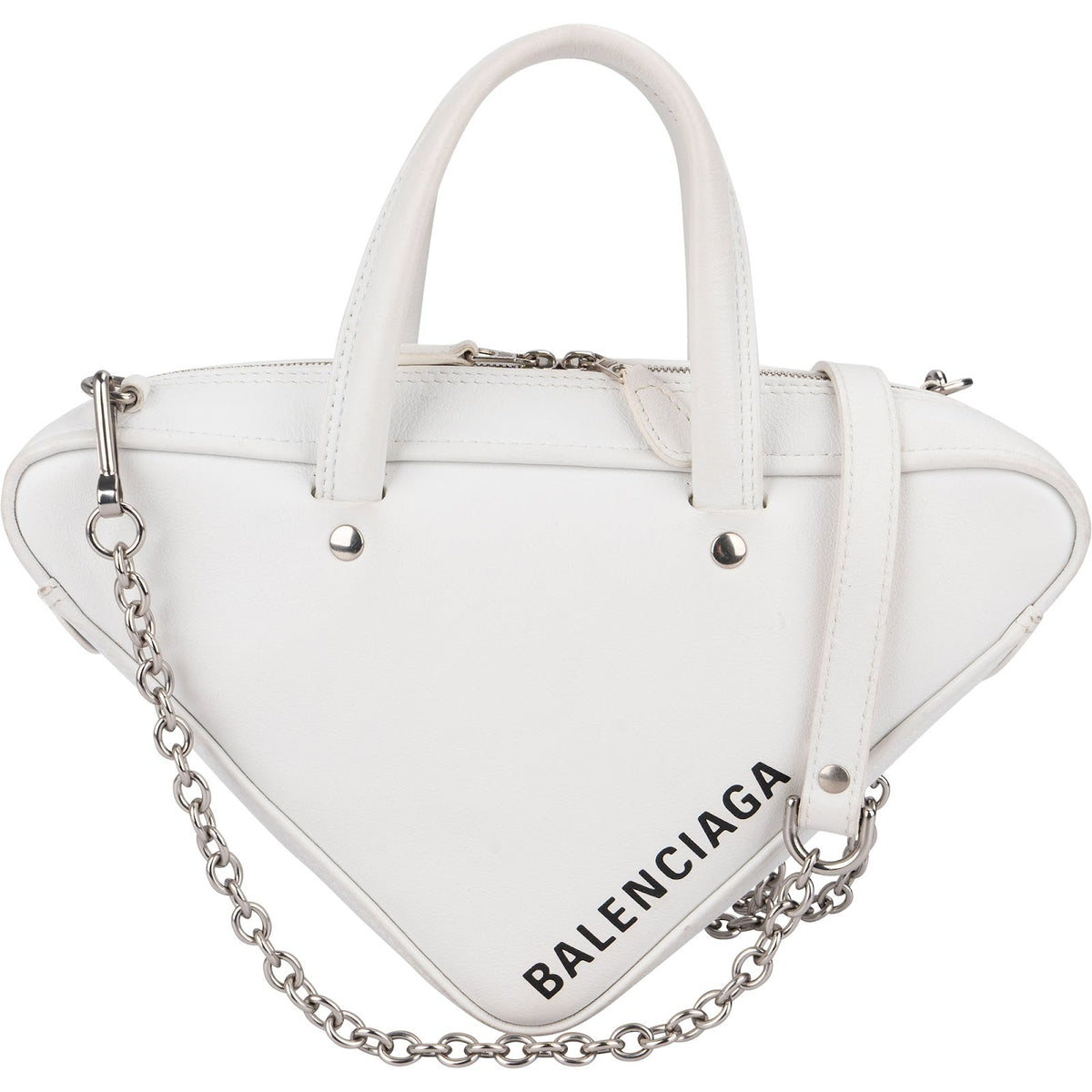 Balenciaga Triangle Duffle S aus weißem Leder – Vorderansicht