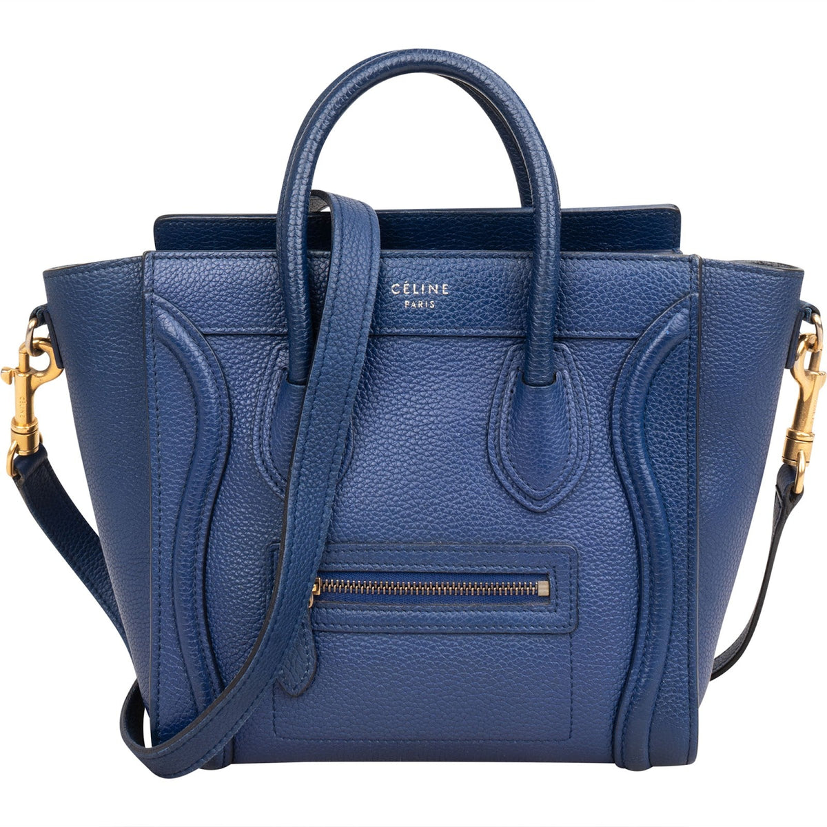 Céline Blau Grained Luggage Nano aus genarbtem Leder – Vorderansicht