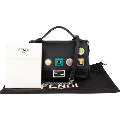 Fendi Leather Mini Baguette Double Flap Plexi Studs Crossbody Bag