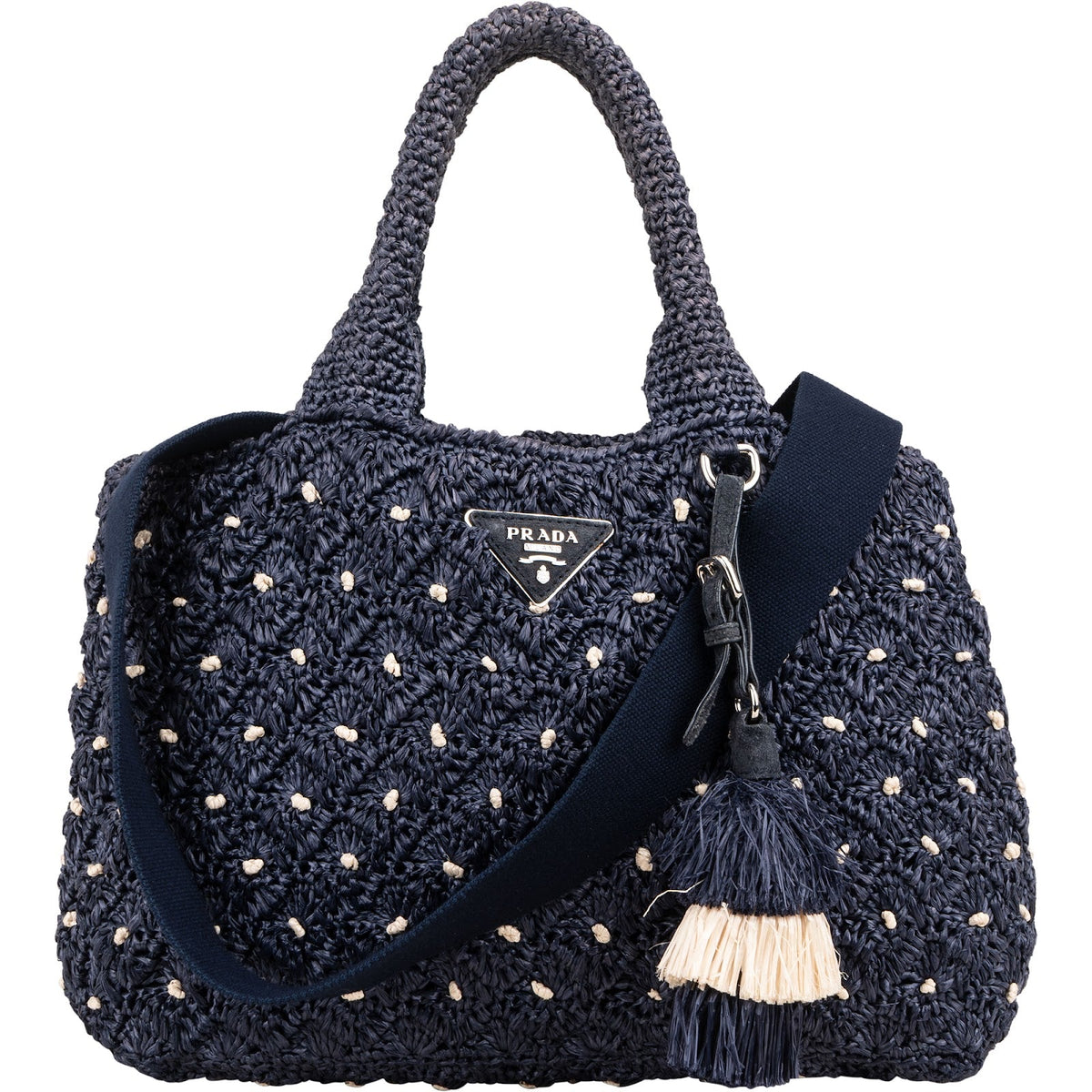 Prada Woven Raffia Polka-Dot Tote aus Raffia und Stoff – Vorderansicht