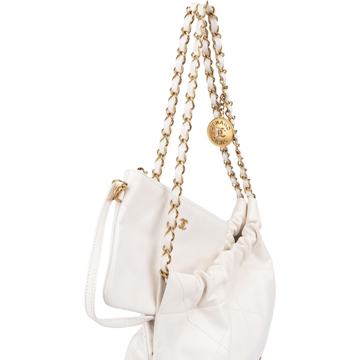 Chanel 22 White Quilted Lambskin Maxi Drawstring Shoulder Bag