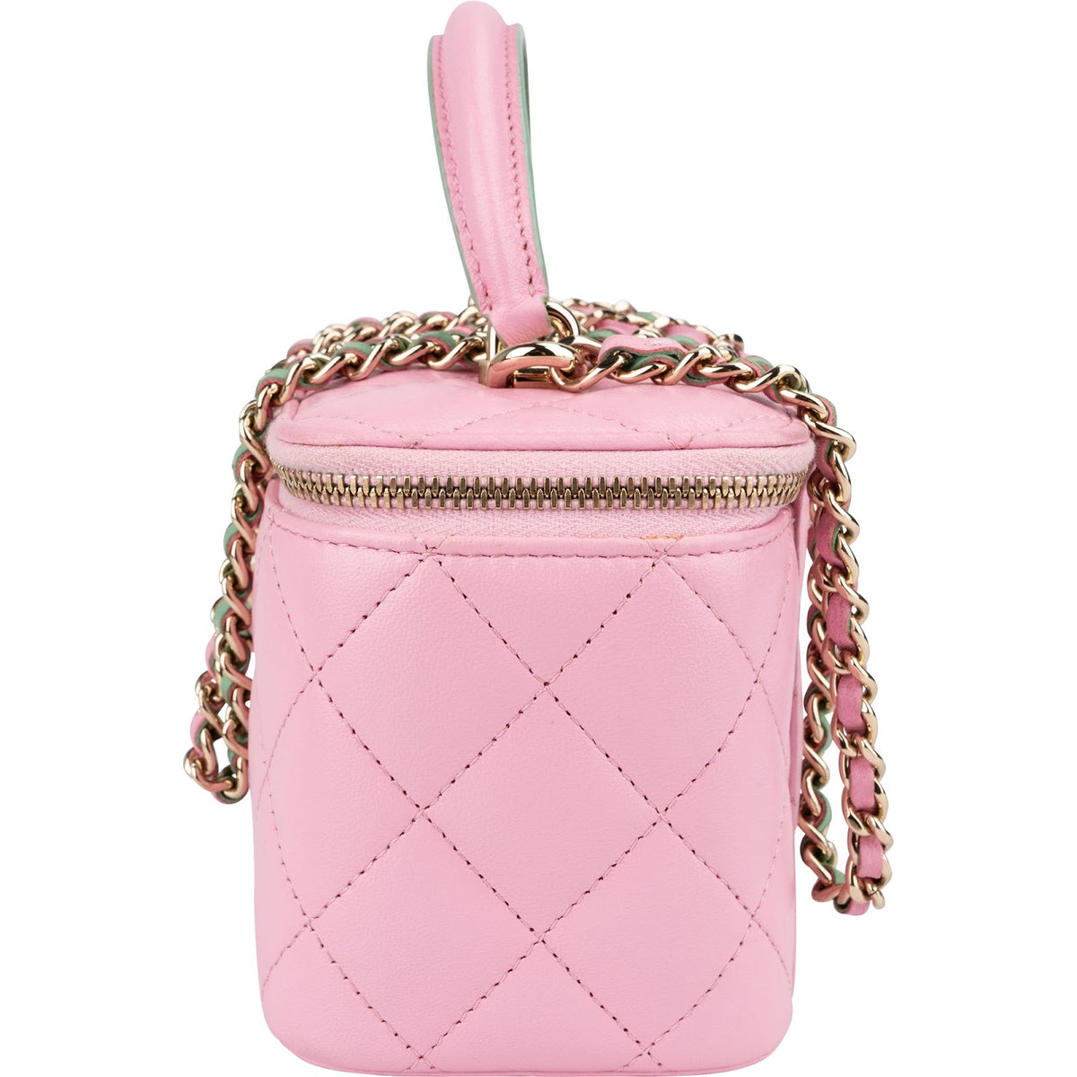 Bolso de mano tipo vanity case con asa superior y bandolera de Chanel en piel de cordero acolchada bicolor rosa y verde