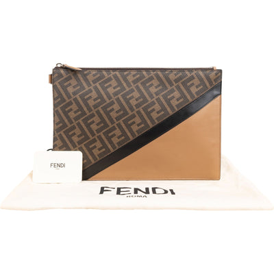 Fendi Monogram FF Canvas & Bicolor Calfskin Flat Pouch Clutch