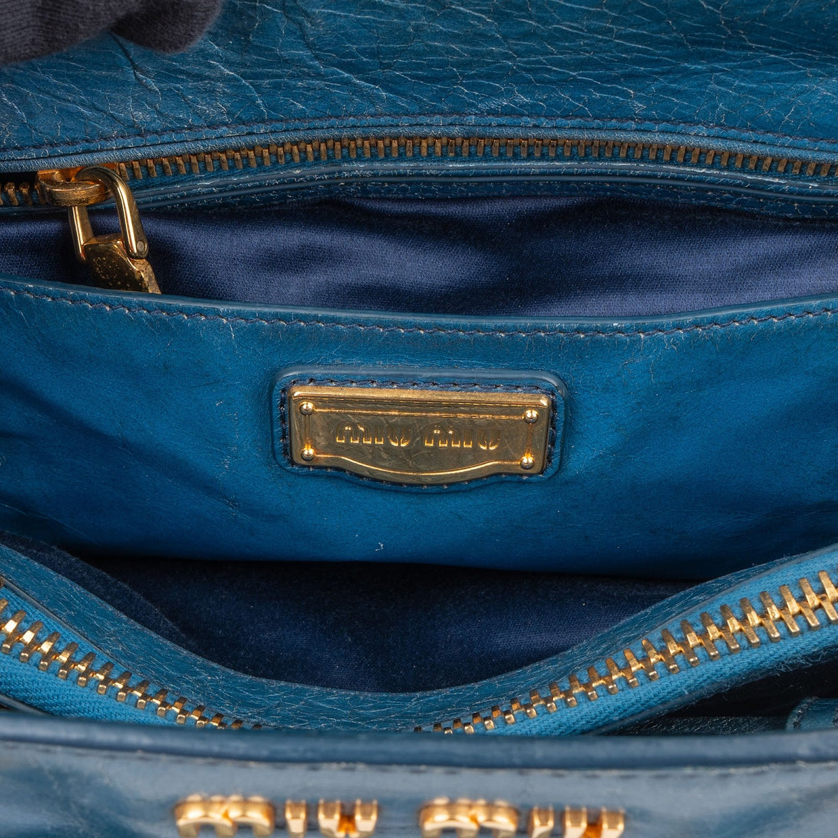 Borsa tote Miu Miu in pelle Vitello Lux blu