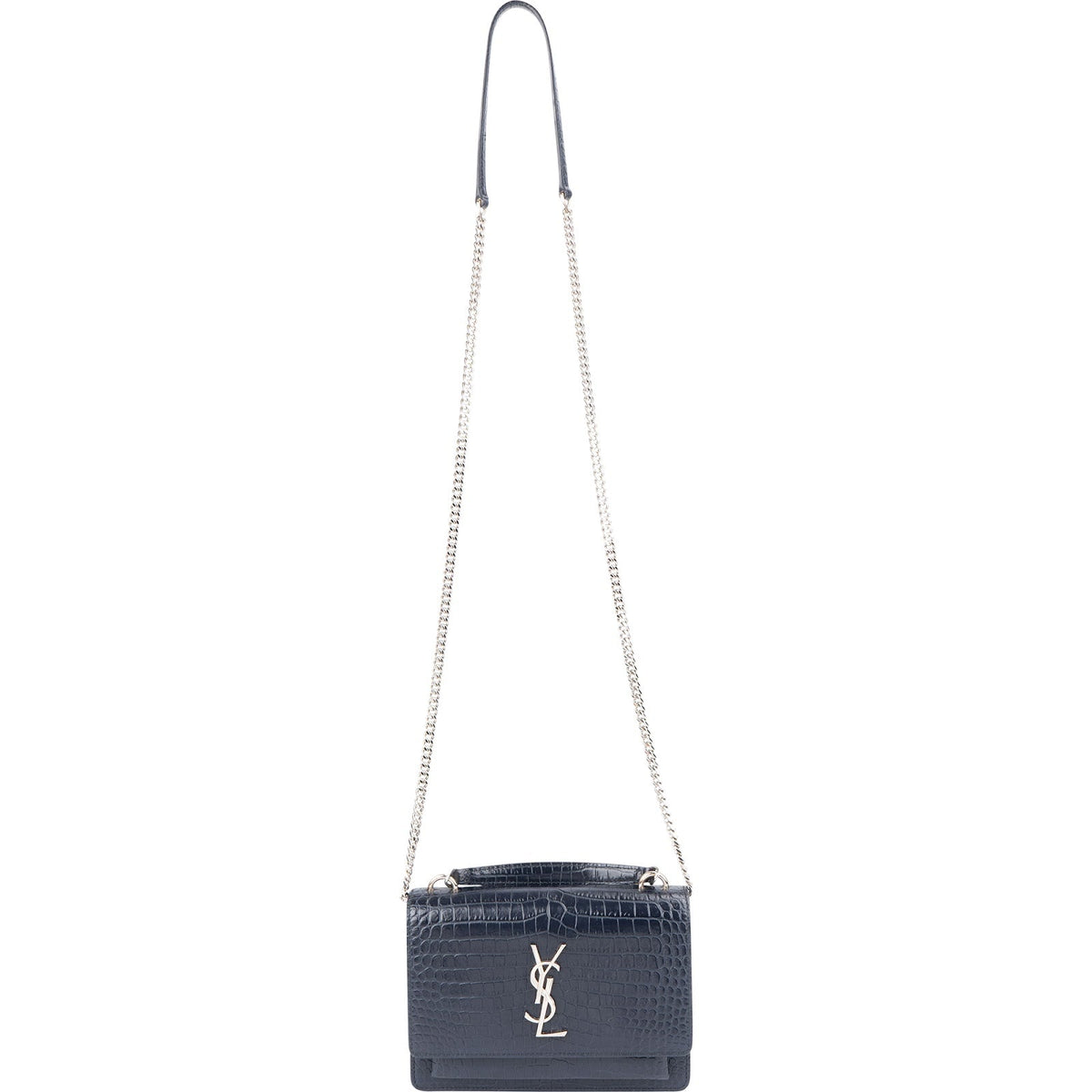 Sac bandoulière Saint Laurent Sunset à poignée supérieure en cuir gaufré façon crocodile bleu marine