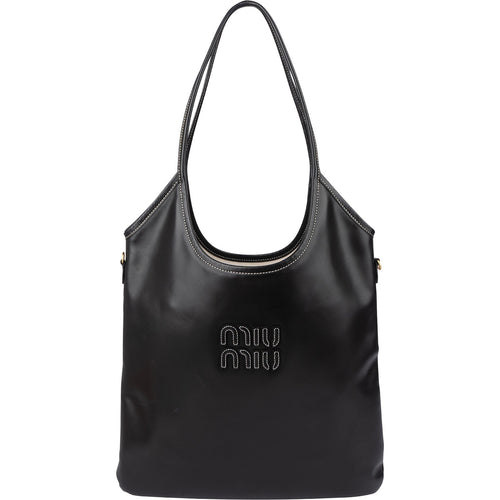 Miu Miu Smooth Leather Stitched Emblem Tote Shoulder Bag