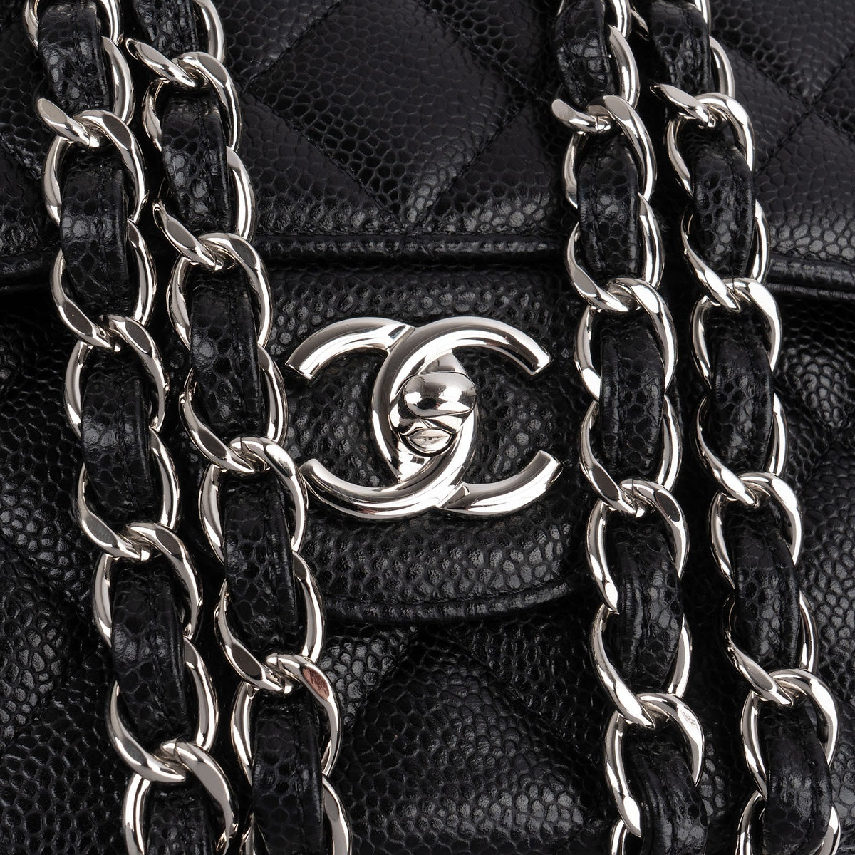 Chanel Quilted Caviar Leather Palladium Jumbo Double Flap Crossbody Bag