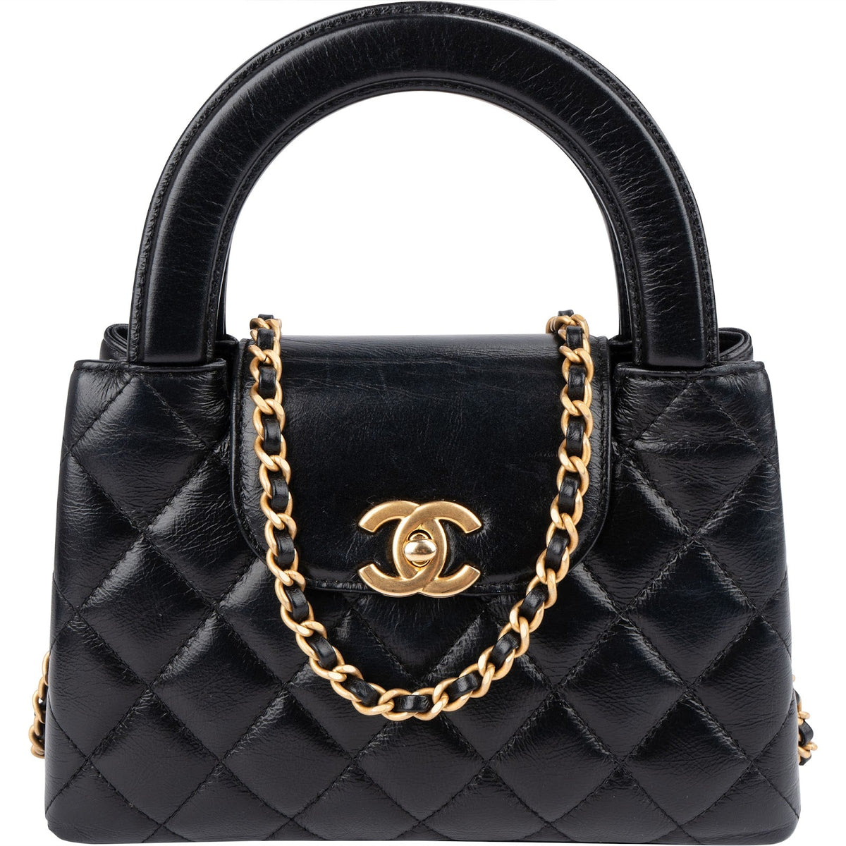 Sac bandoulière Chanel Nano Kelly à poignée en cuir d'agneau matelassé noir