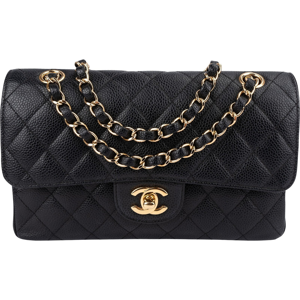 Sac à bandoulière Chanel Small Double Flap en cuir caviar matelassé doré