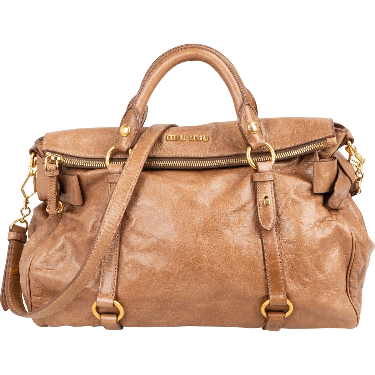 Miu Miu Braun Vitello Lux Bow aus Leder – Vorderansicht