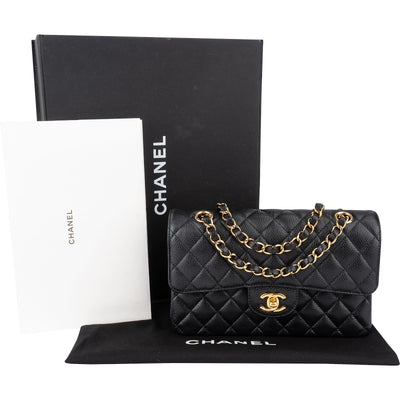 Chanel Quilted Caviar Leather Gold Small Double Flap Shoulder Bag