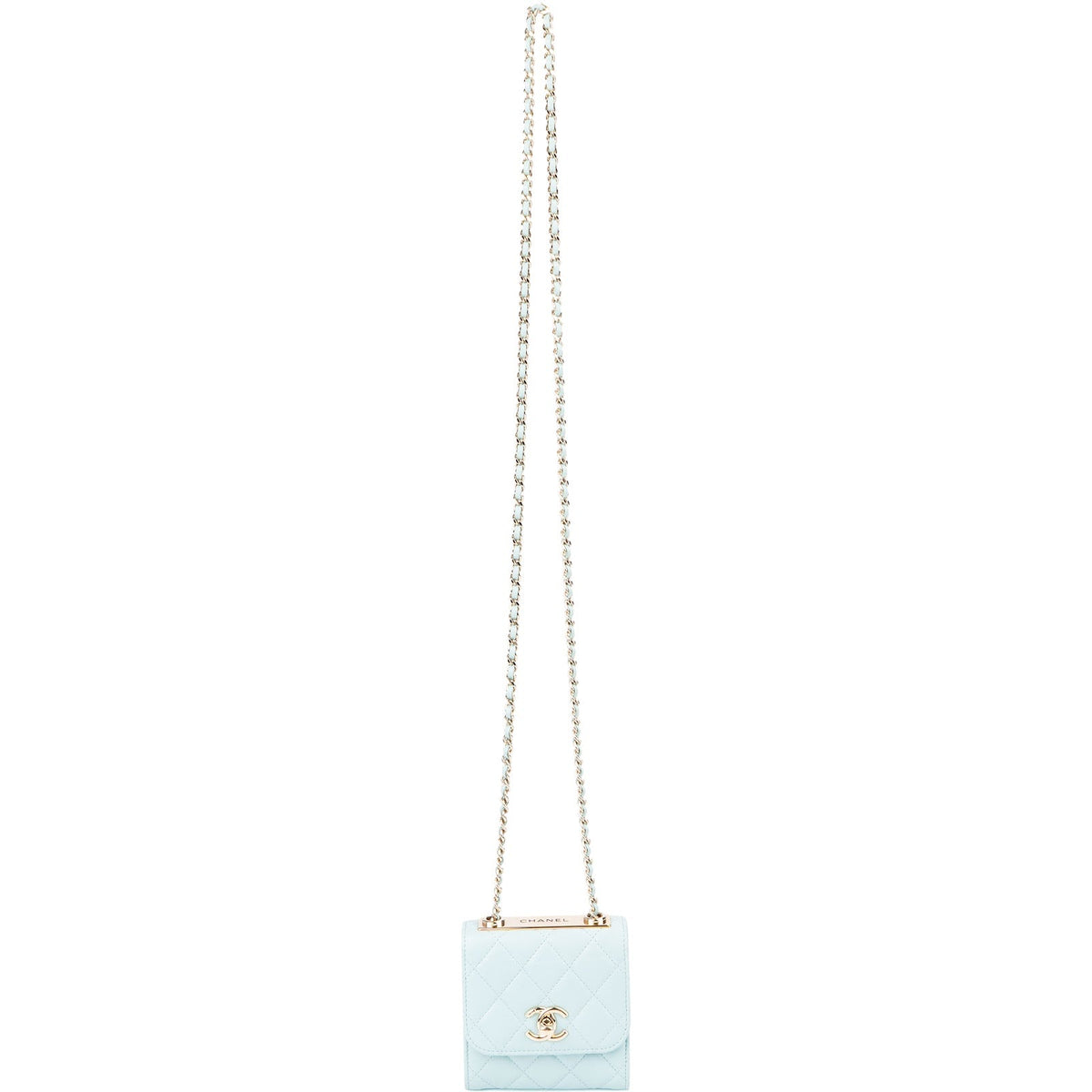 Mini sac bandoulière Chanel à poignée supérieure en cuir d'agneau matelassé bleu clair