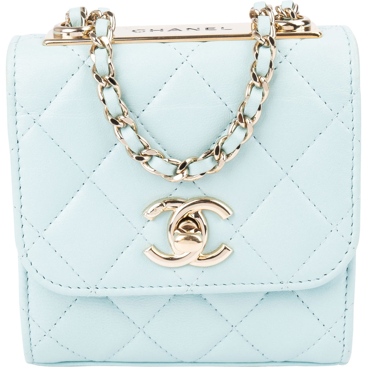 Mini sac bandoulière Chanel à poignée supérieure en cuir d'agneau matelassé bleu clair