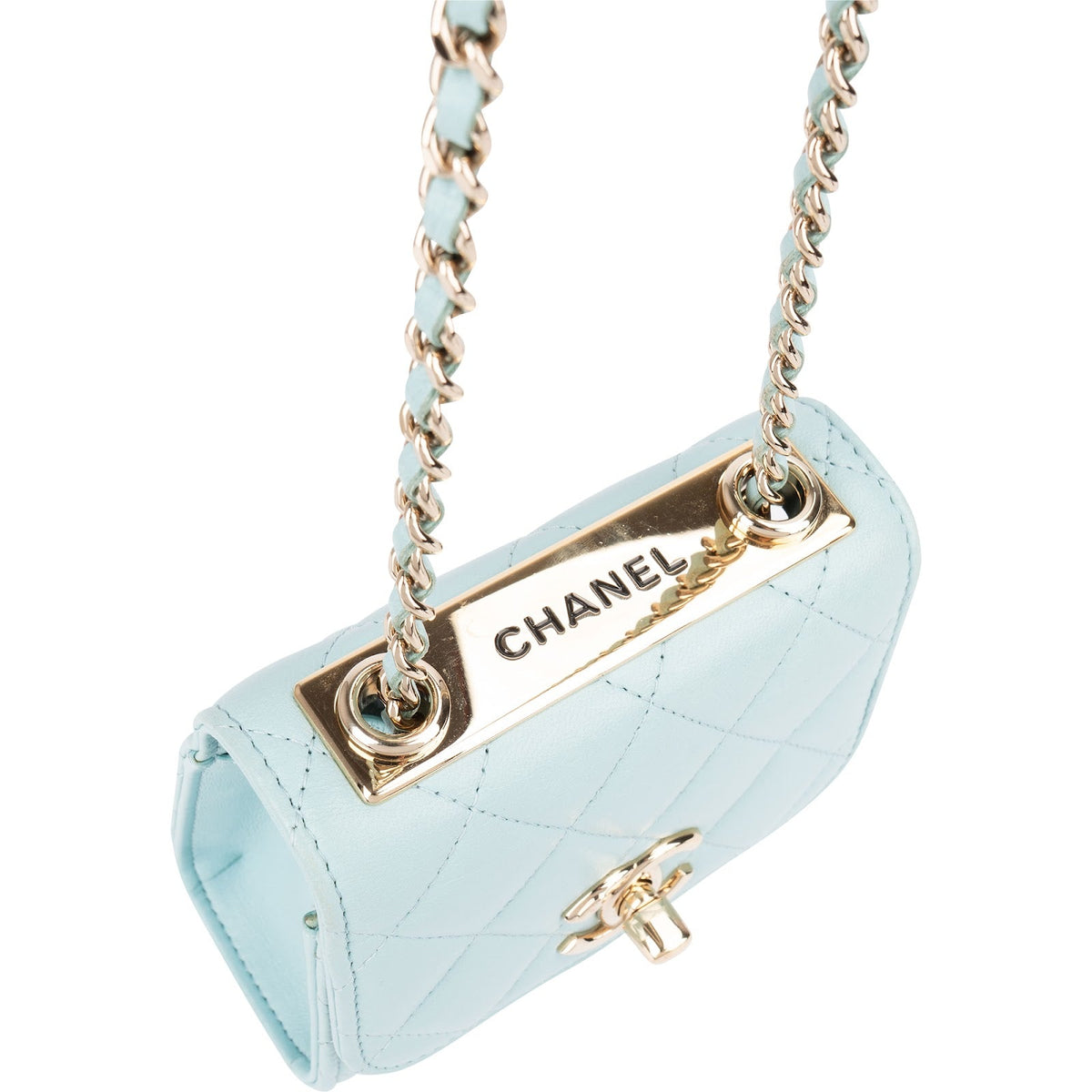 Mini sac bandoulière Chanel à poignée supérieure en cuir d'agneau matelassé bleu clair