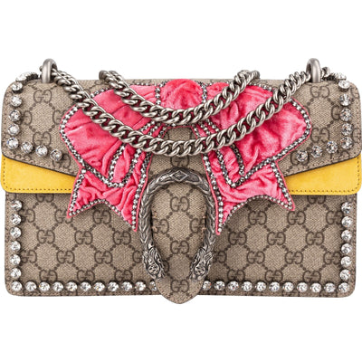 Gucci Monogram GG Supreme Canvas Suede Crystal Embellished Velvet Ribbon Dionysus Shoulder Bag