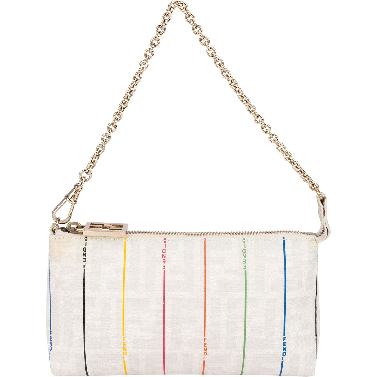Fendi FF Zucca Pequin Rainbow Striped Pochette aus Canvas und Leder – Vorderansicht
