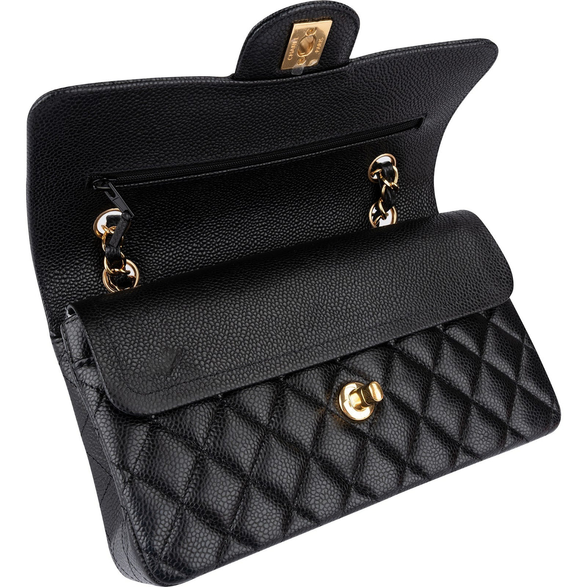 Chanel Quilted Caviar Leather Gold Small Double Flap Shoulder Bag