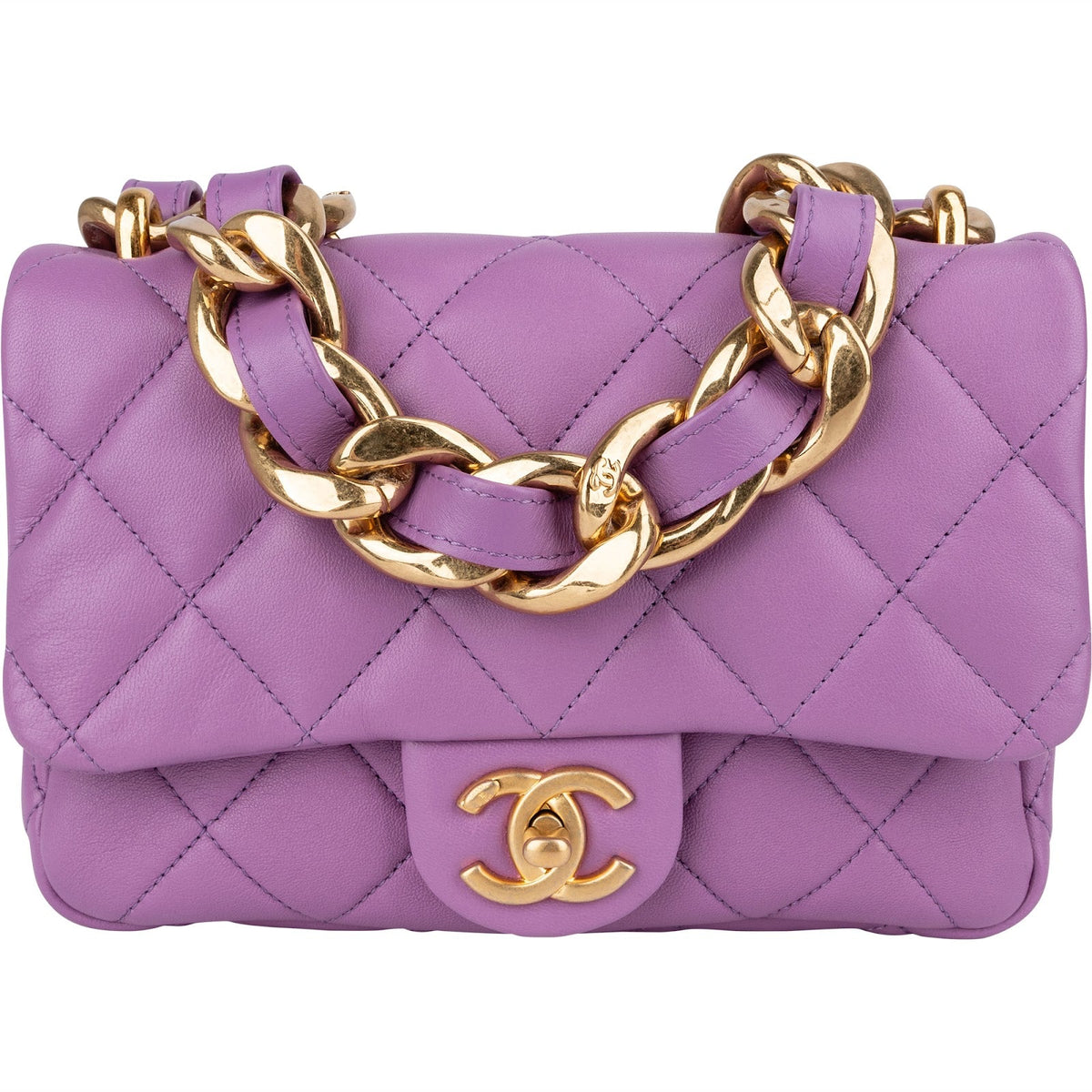 Chanel gewatteerde lamsleren schoudertas met dikke ketting en rechthoekige flap