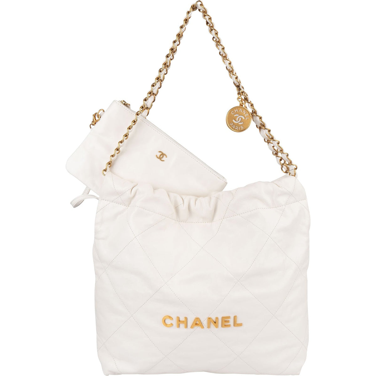Bolso de hombro tipo hobo Chanel 22 de piel de cordero acolchada en color blanco