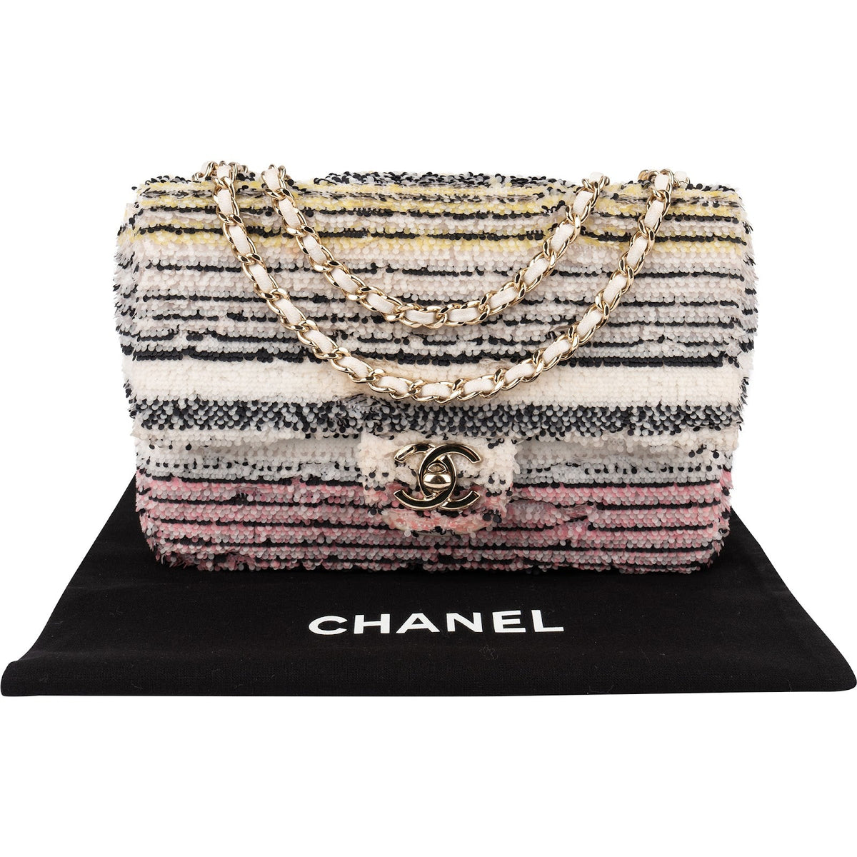 Chanel kleine crossbodytas met enkele flap, veelkleurig gestreept met lovertjes