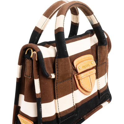 Borsa a mano piccola Prada modello Coffer in tela a righe multicolore