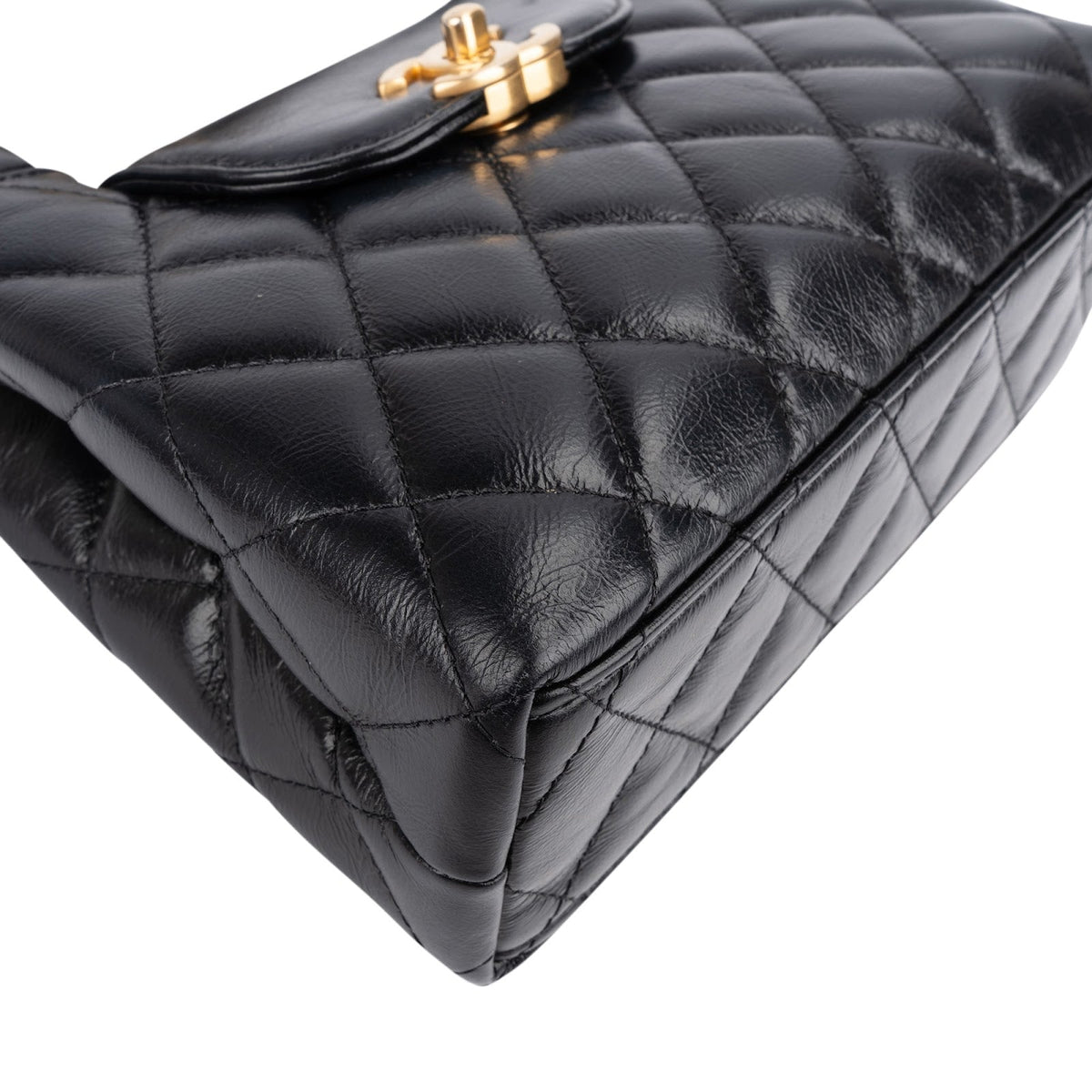Sac bandoulière Chanel Nano Kelly à poignée en cuir d'agneau matelassé noir