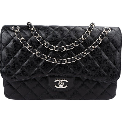Chanel Quilted Caviar Leather Palladium Jumbo Double Flap Crossbody Bag