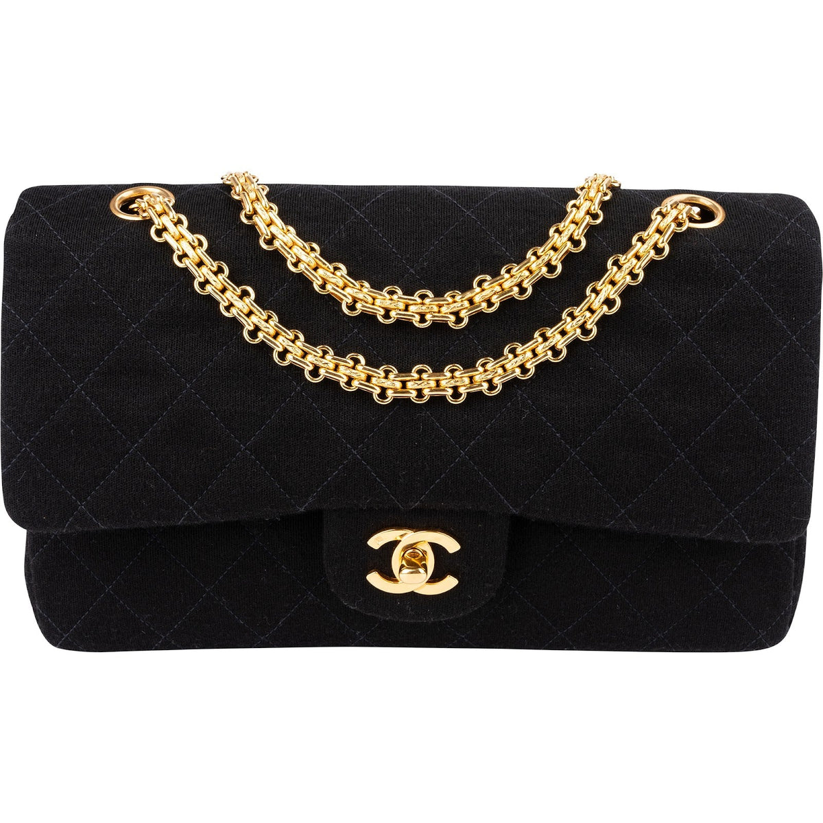 Chanel Jersey 24K Gold Medium Double Flap aus Jerseystoff – Vorderansicht