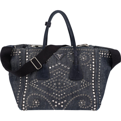 Prada Studded Perforated Denim Suede Handle Shopper Handbag