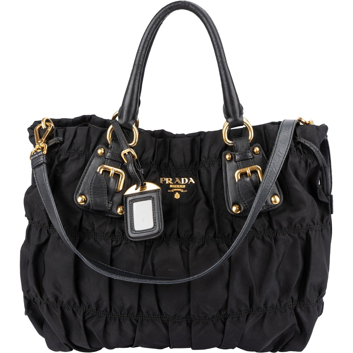Prada Schwarz Tessuto Gaufre Drawstring Tote aus Nylon und Leder – Vorderansicht