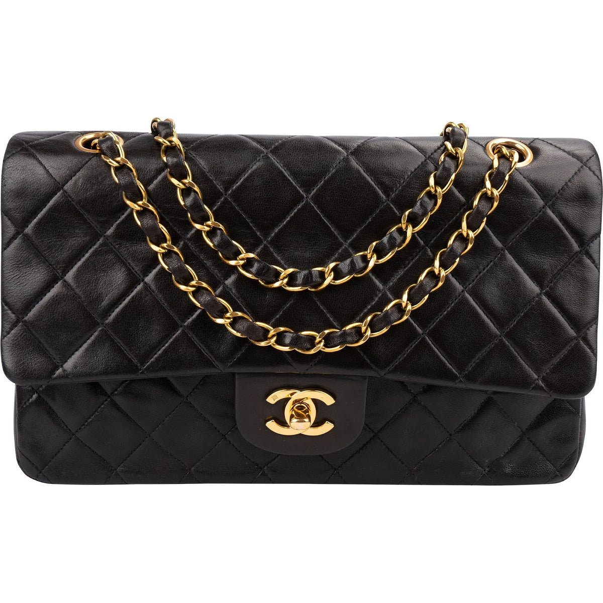 Chanel Medium 24K Gold Double Flap aus Lammleder – Vorderansicht