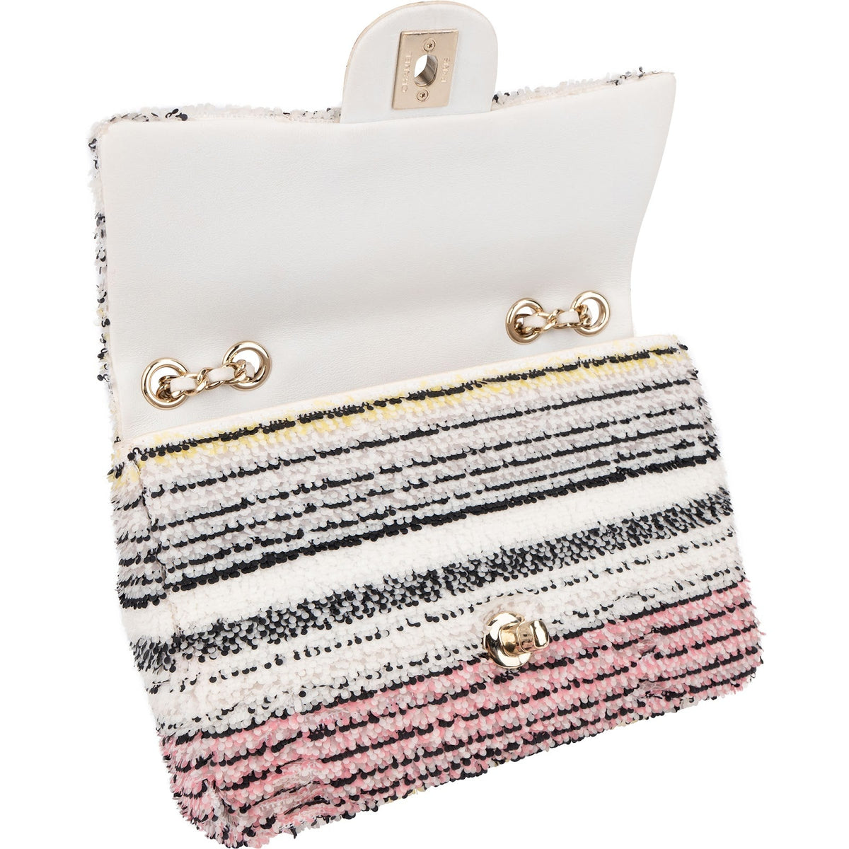 Chanel kleine crossbodytas met enkele flap, veelkleurig gestreept met lovertjes