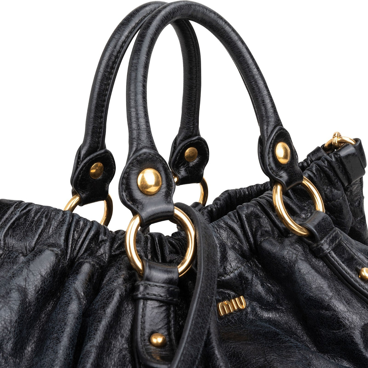 Bolso de mano Miu Miu Hobo Satchel fruncido en piel Vitello Lux negra