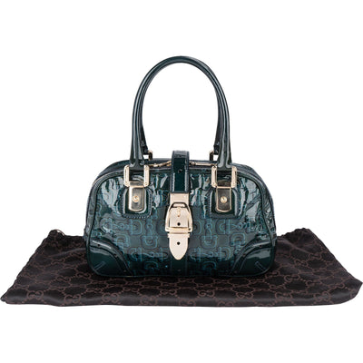 Borsa a mano Boston Gucci in vernice con monogramma e morsetto