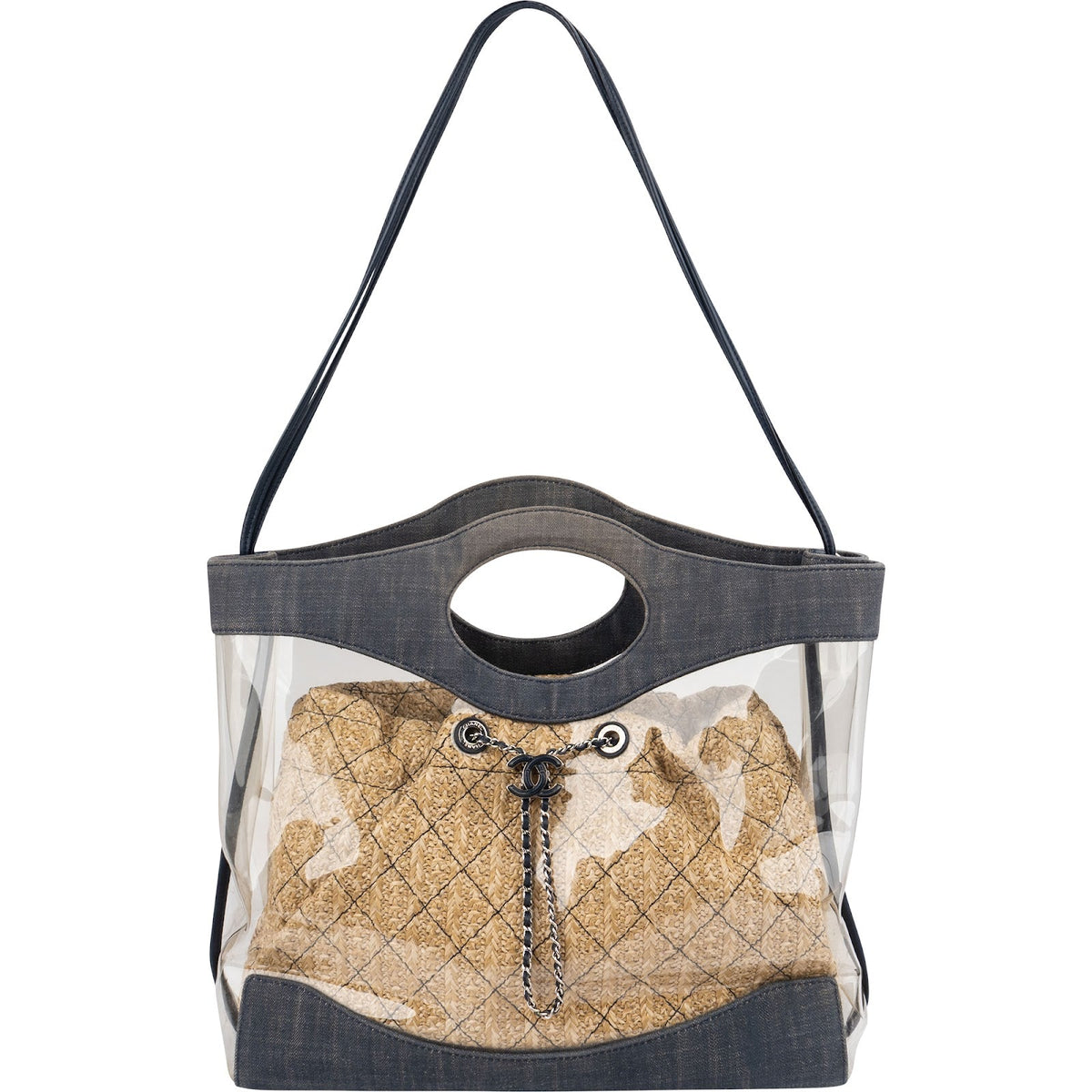 Bolso de hombro Chanel 31 Tote Shopper en PVC transparente, denim y rafia