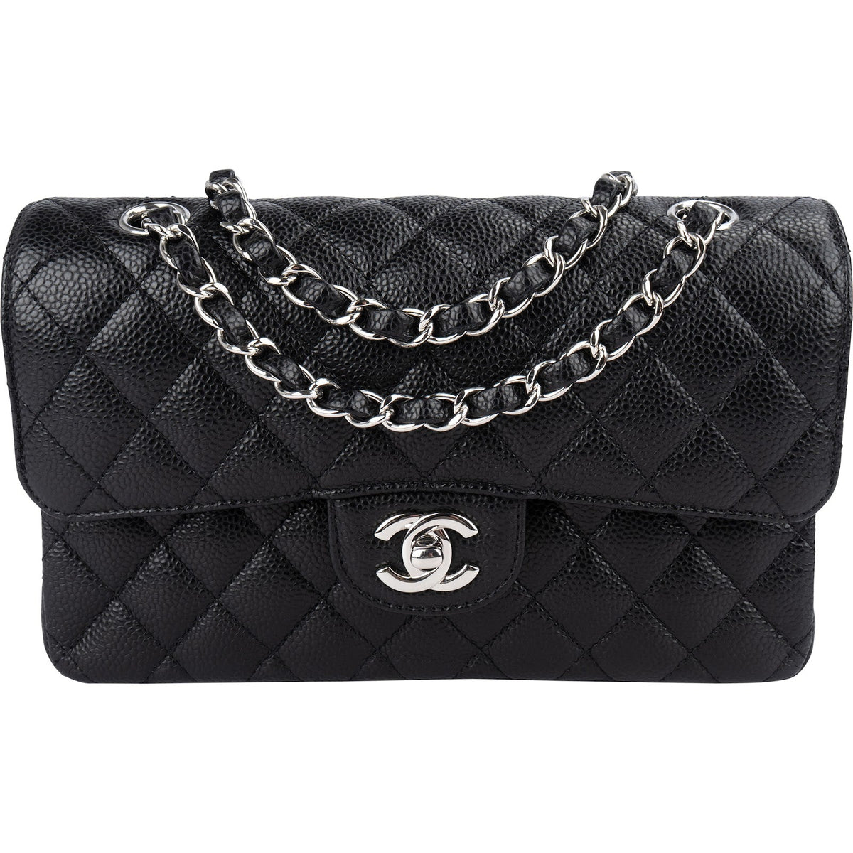 Bolso de hombro Chanel pequeño con doble solapa en piel caviar acolchada y herrajes de paladio