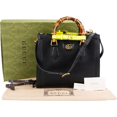 Gucci Black Leather Diana Bamboo Belts Handbag
