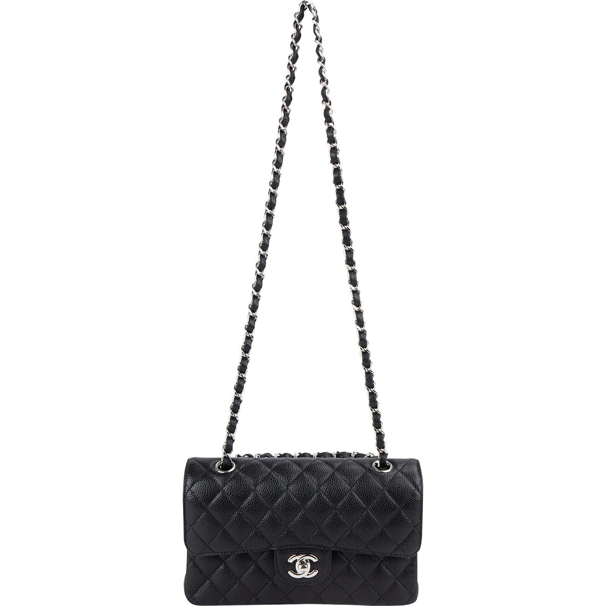 Bolso de hombro Chanel pequeño con doble solapa en piel caviar acolchada y herrajes de paladio