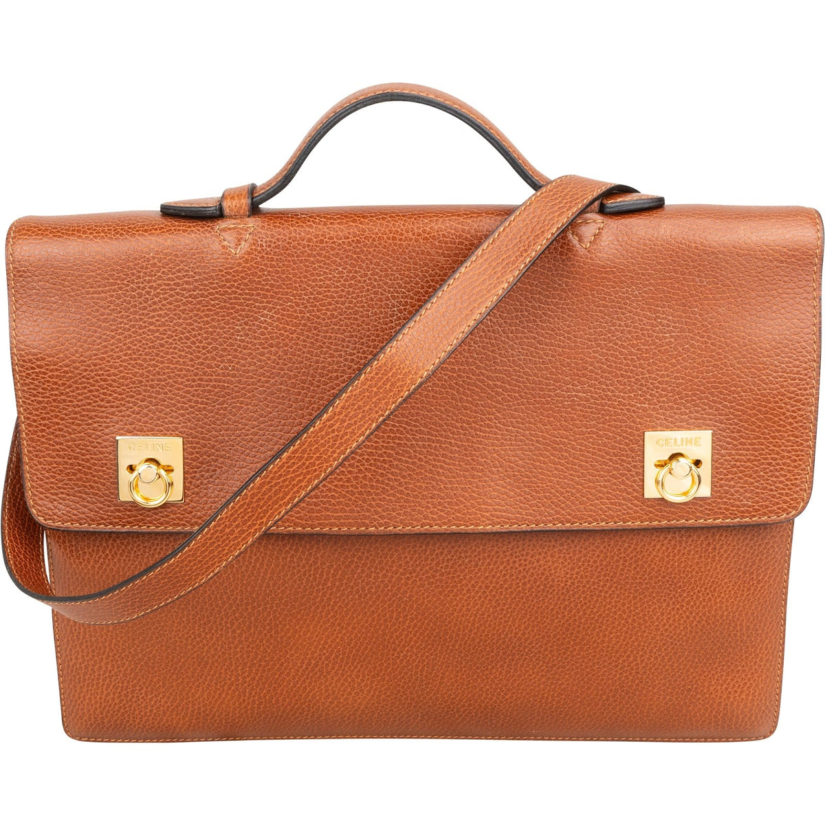 Sac bandoulière Celine Double Ring Clasp Briefcase en cuir grainé
