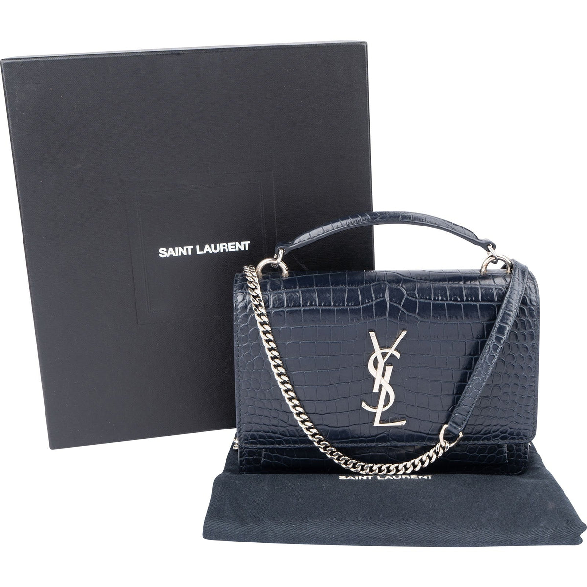 Sac bandoulière Saint Laurent Sunset à poignée supérieure en cuir gaufré façon crocodile bleu marine