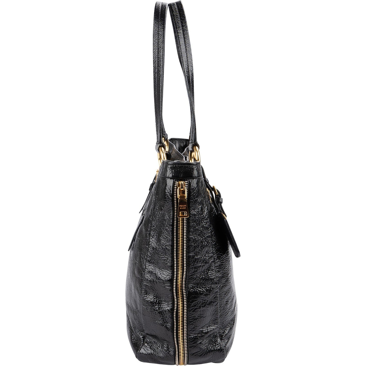 Prada Crinkled Vernice Naplak Leather Zip Around Tote Shoulder Bag