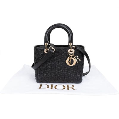 Christian Dior Black Crinkled Lambskin Small Lady Dior Handbag