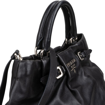 Prada Black Soft Calfskin Gathered Belt Hobo Handbag