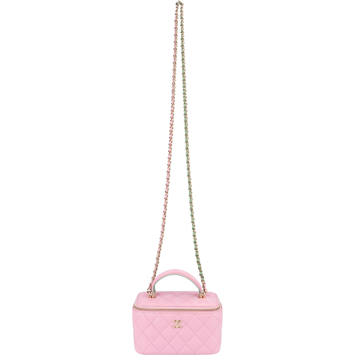 Bolso de mano tipo vanity case con asa superior y bandolera de Chanel en piel de cordero acolchada bicolor rosa y verde