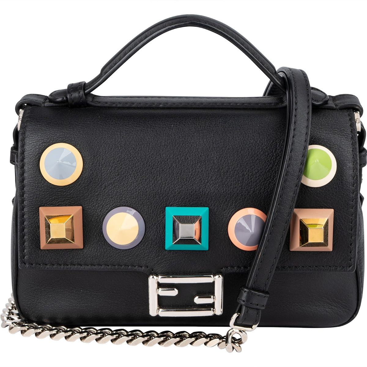 Fendi Mini Baguette Double Flap Plexi Studs aus Leder – Vorderansicht