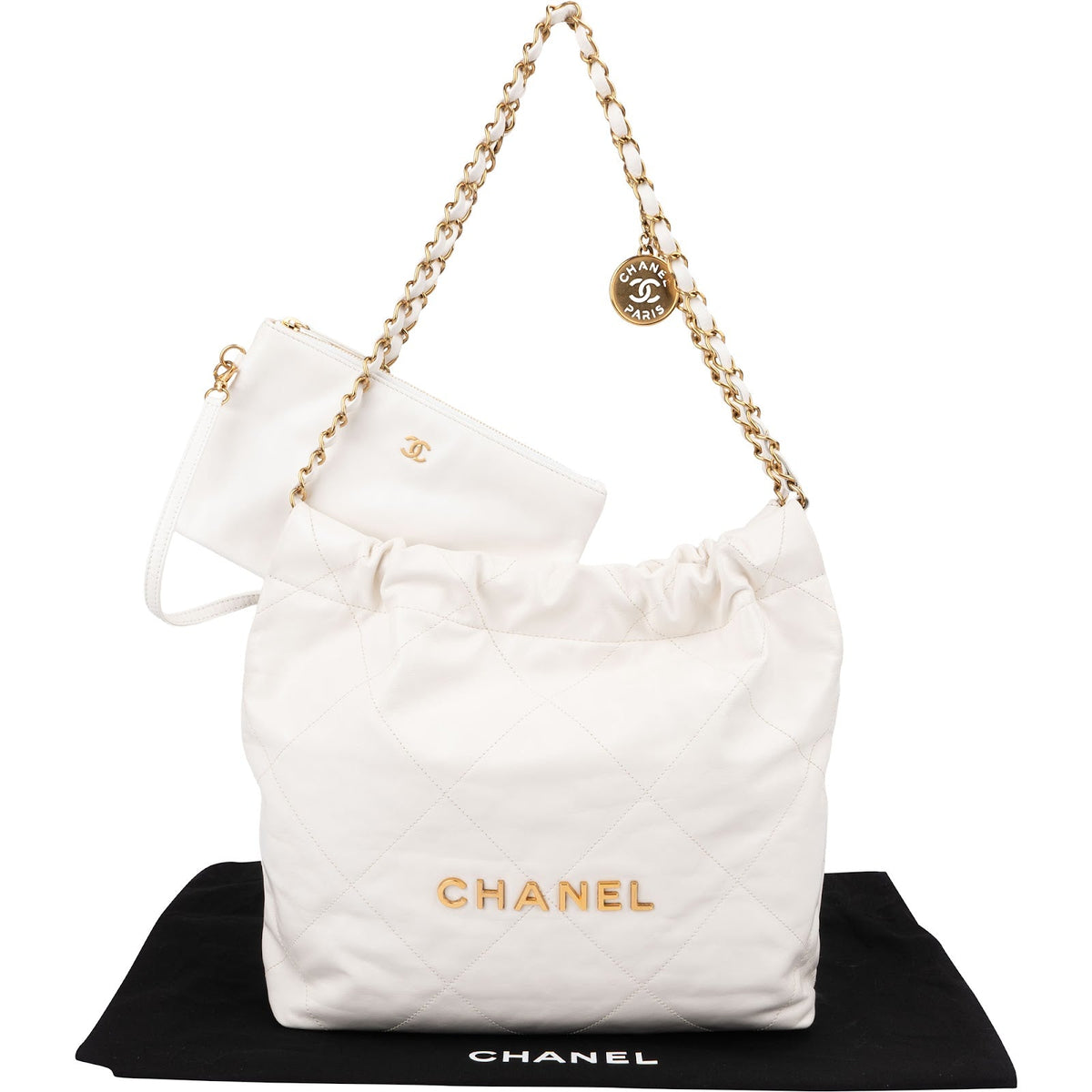 Chanel 22 White Quilted Lambskin Maxi Drawstring Shoulder Bag