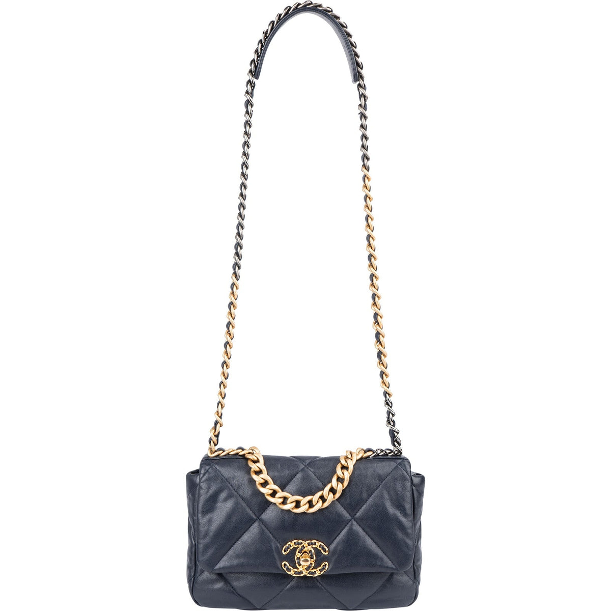 Bolso bandolera Chanel 19 de piel de cordero acolchada azul marino con solapa sencilla