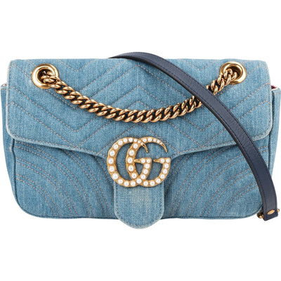 Gucci Matelassé Denim Pearl GG Marmont Crossbody Bag