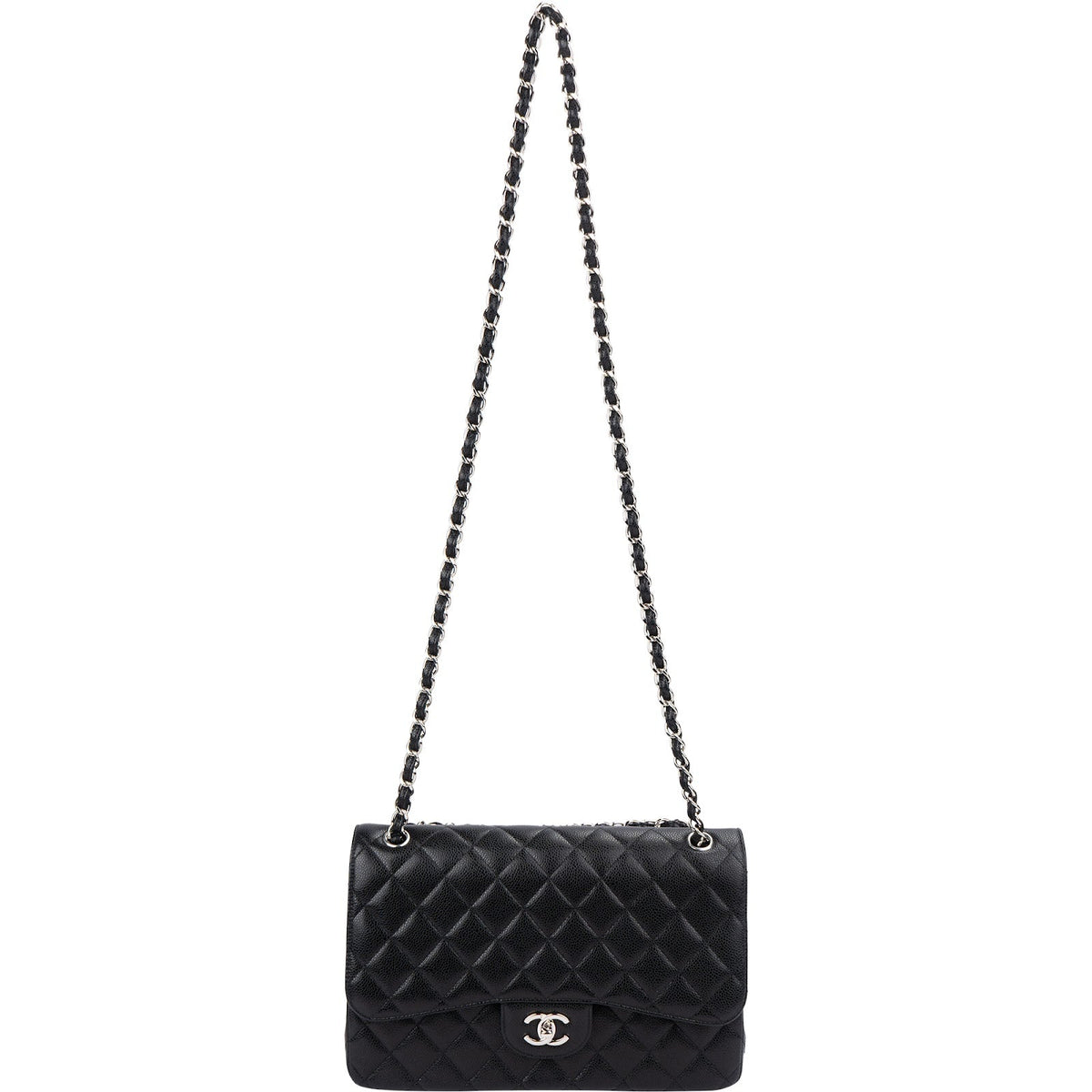 Chanel Quilted Caviar Leather Palladium Jumbo Double Flap Crossbody Bag
